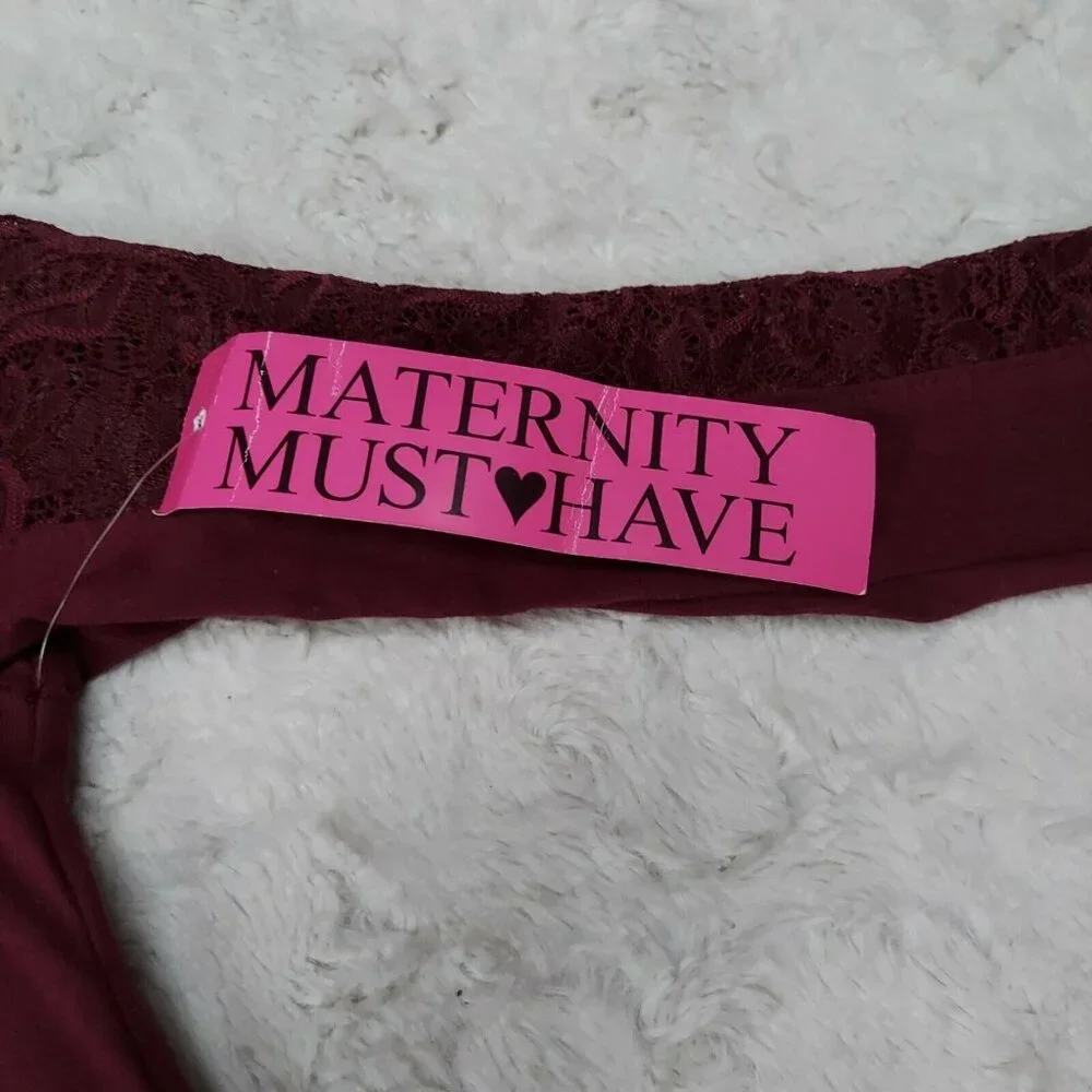 New Ambiance Maternity Top Small V-Neck Ruched Maroon Lace-Detail Long Sleeve